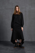 Load image into Gallery viewer, Black Asymmetric Cut Midi Skirt
