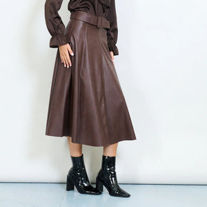 High-waist belted faux leather midi skirt
