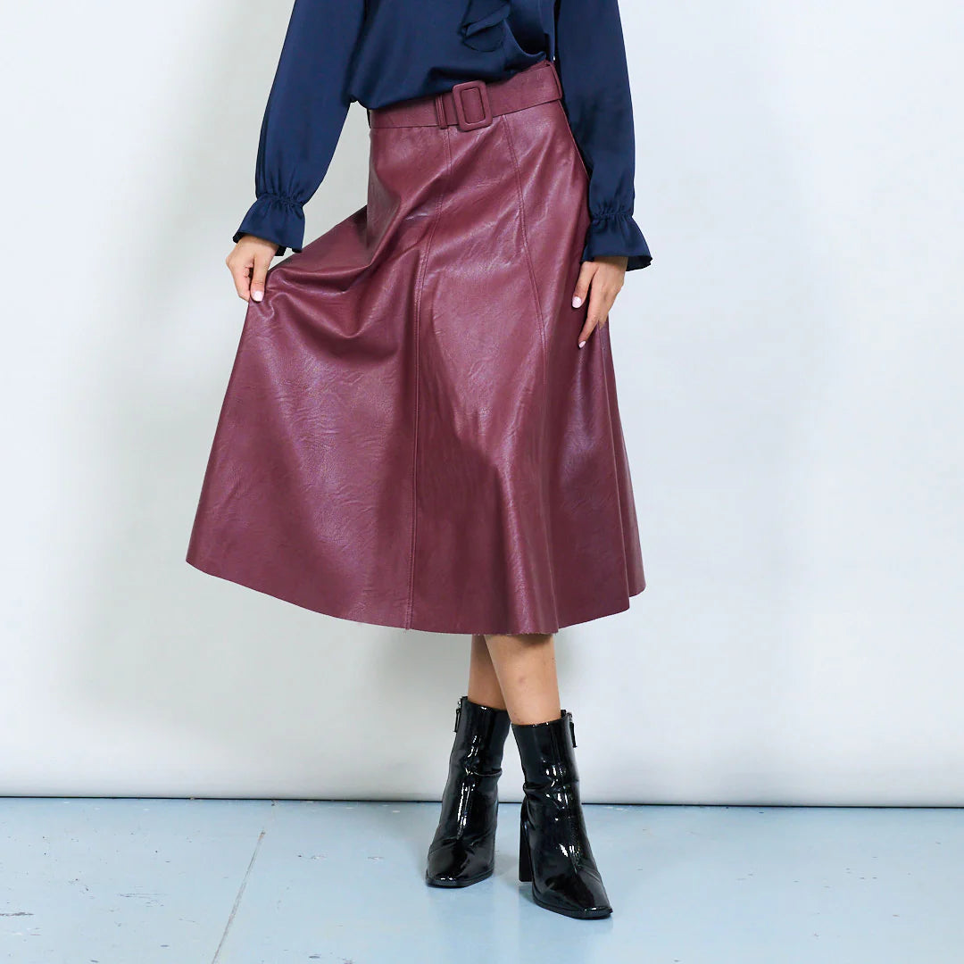 High-waist belted faux leather midi skirt