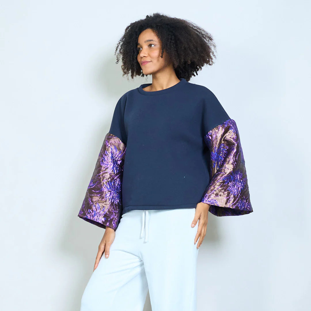 Contrast jacquard floral bell sleeve soft knit sweatshirt