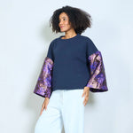 Load image into Gallery viewer, Contrast jacquard floral bell sleeve soft knit sweatshirt
