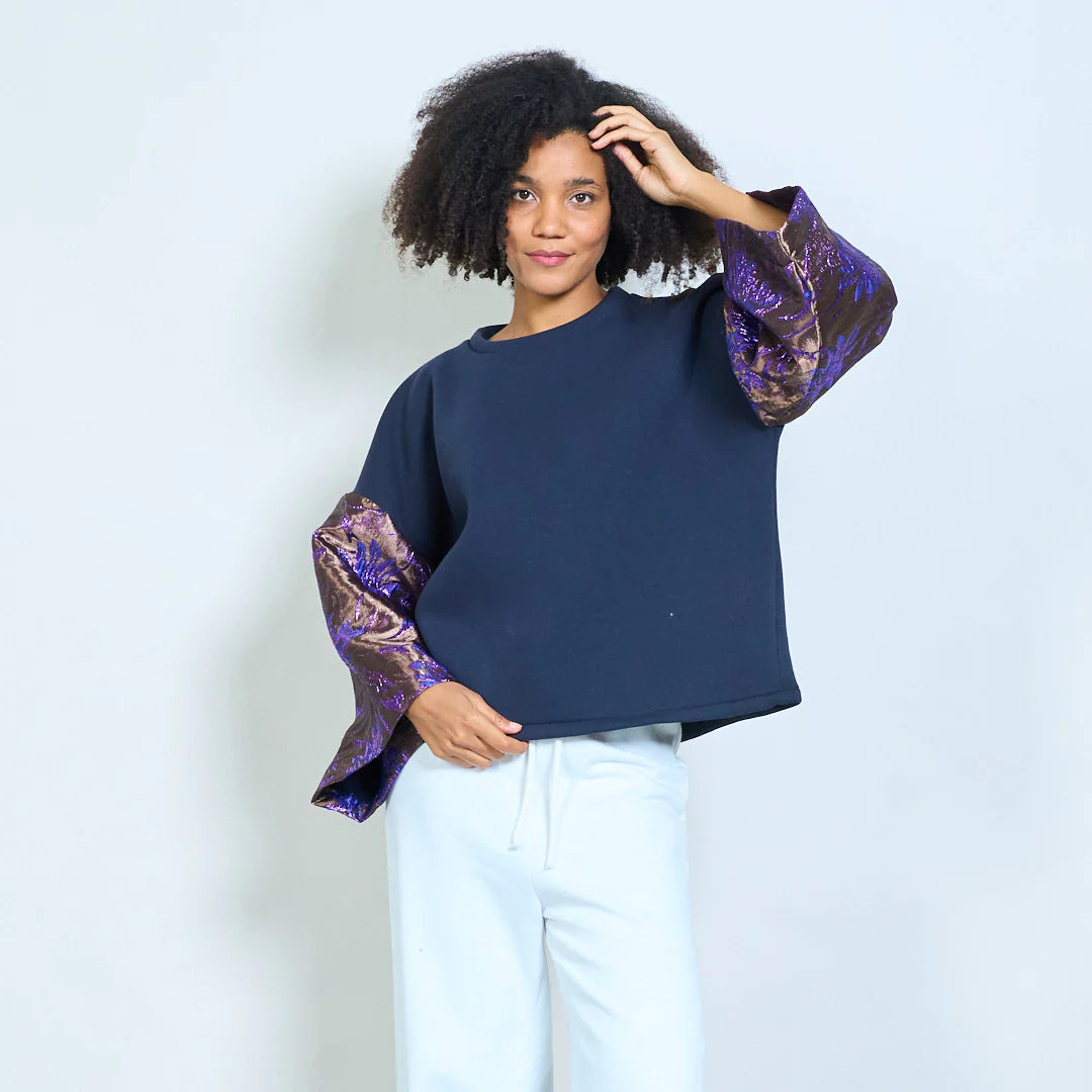 Contrast jacquard floral bell sleeve soft knit sweatshirt