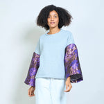 Load image into Gallery viewer, Contrast jacquard floral bell sleeve soft knit sweatshirt
