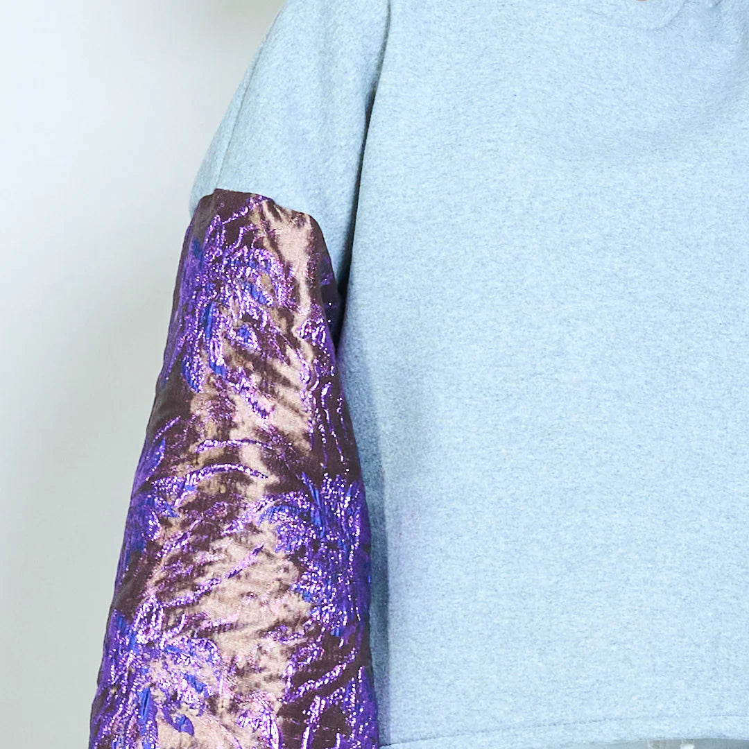 Contrast jacquard floral bell sleeve soft knit sweatshirt