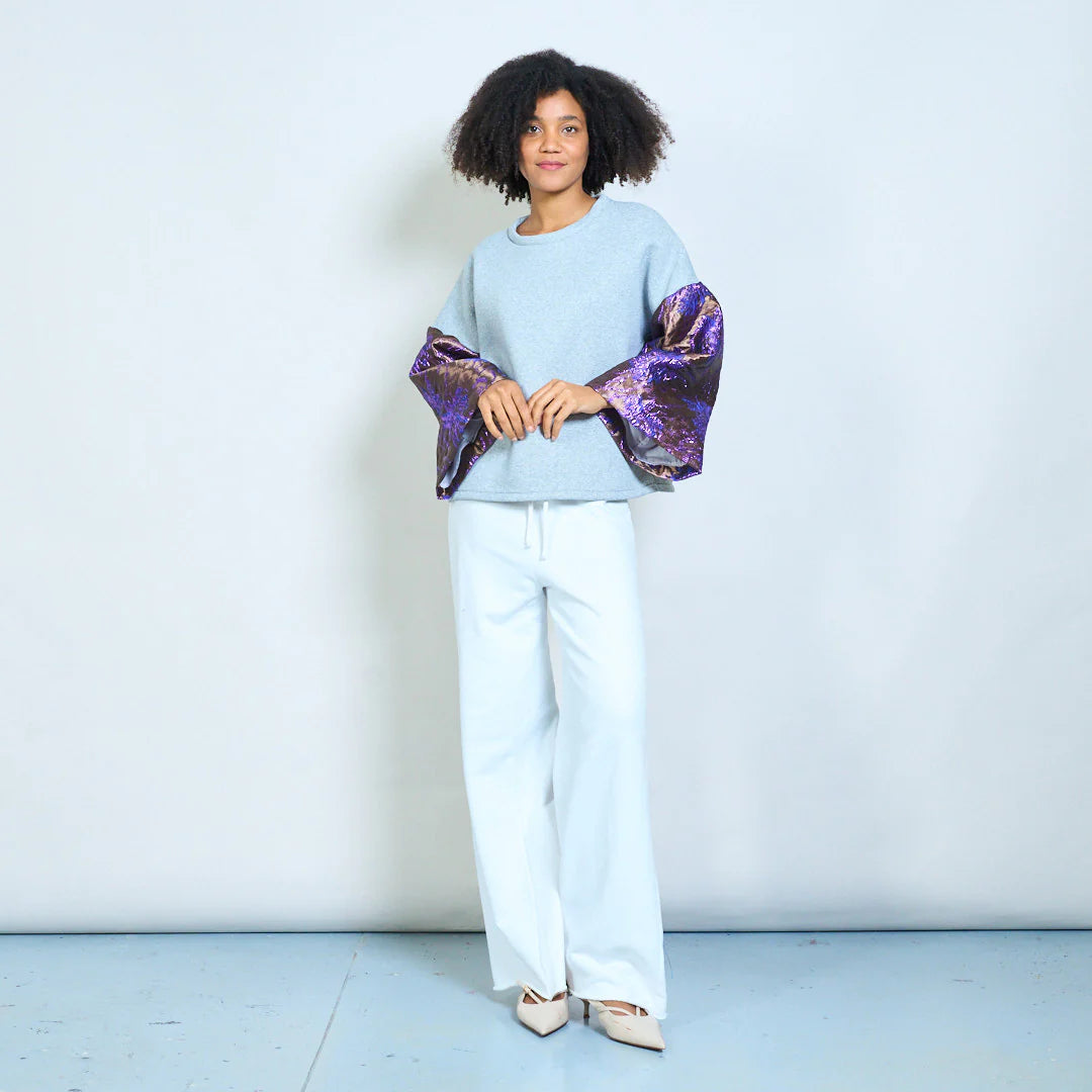 Contrast jacquard floral bell sleeve soft knit sweatshirt