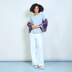 Load image into Gallery viewer, Contrast jacquard floral bell sleeve soft knit sweatshirt
