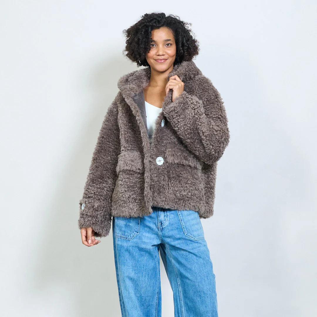 Short hooded faux fur teddy jacket- coming back soon