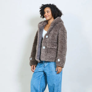 Short hooded faux fur teddy jacket- coming back soon