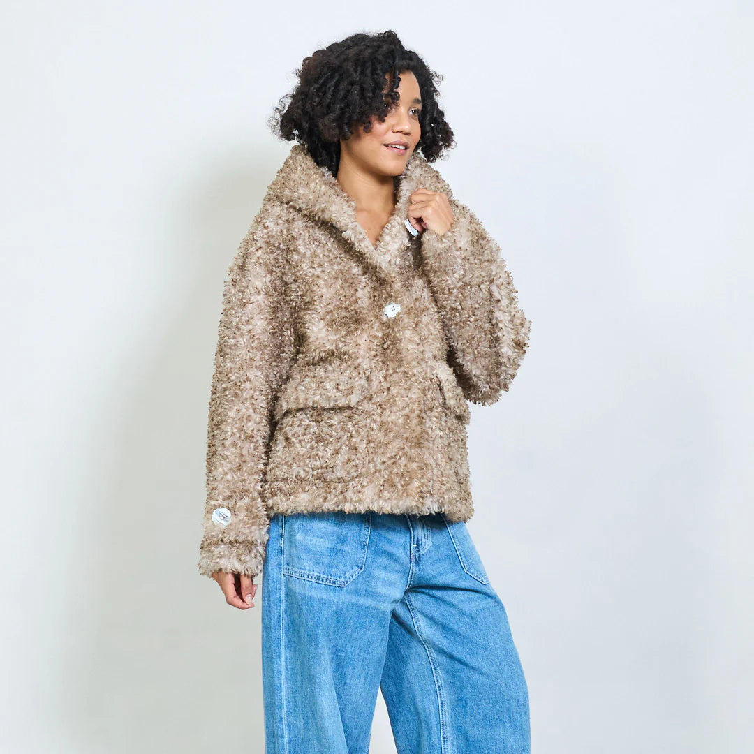 Short hooded faux fur teddy jacket- coming back soon