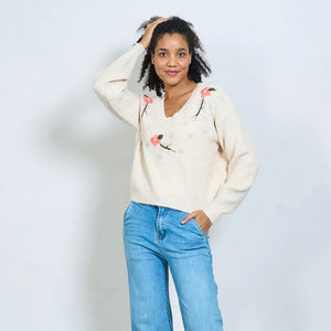 V neck sweater with flower detail